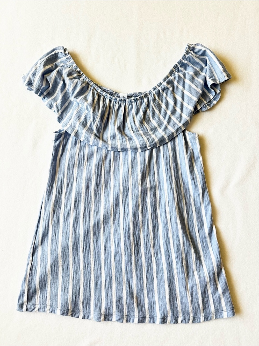 Old Navy Women Off Shoulder Striped Top Medium Blue Ruffle Sleeve 100% Cotton